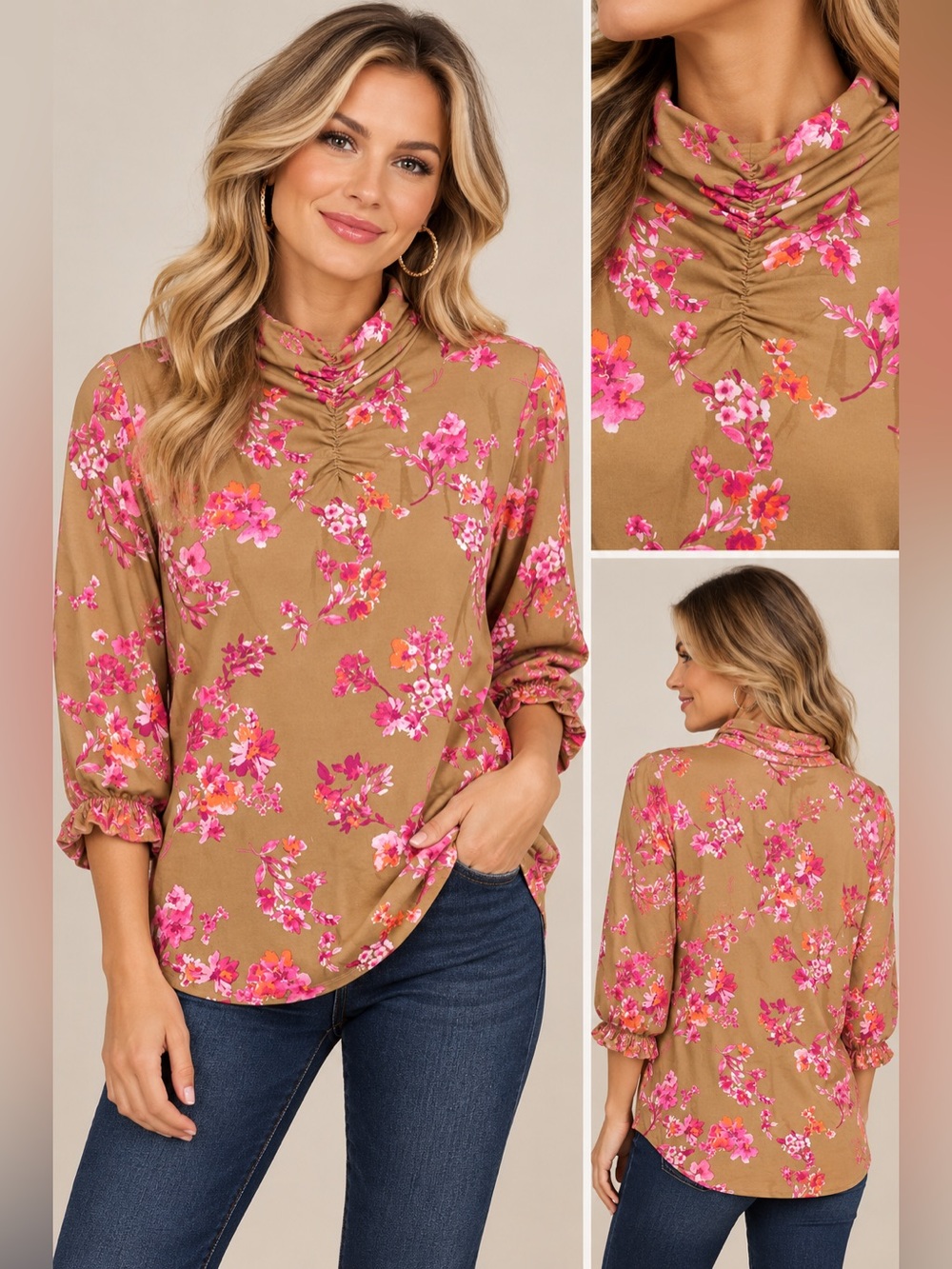 Isaac Mizrahi Floral Ruched Neck Top Size Small NWOT